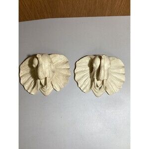 Two Elephant Head Wood Large Curtain Tie Back Ornamental Pull Through Hook Set